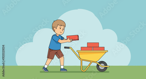 Young Boy Pushing Wheelbarrow with Bricks.
