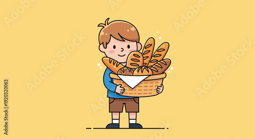 Young Boy Holding Basket of Bread.