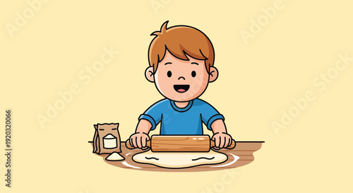 Young Boy Rolling Out Dough Cartoon.