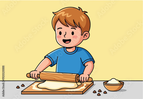 Young Boy Rolling Out Dough with Rolling Pin.
