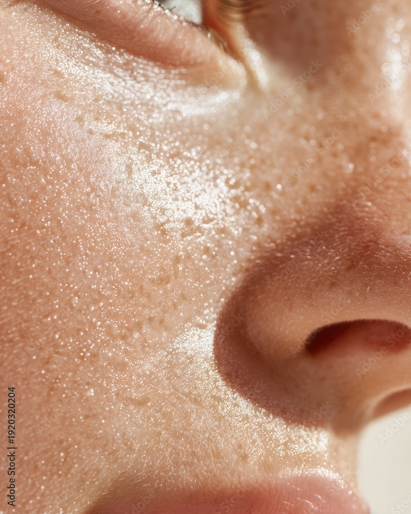 Fototapeta premium Woman face closeup with sweat and visible pores on skin. Detail of human skin with moisture drops. Skin care and beauty concept.