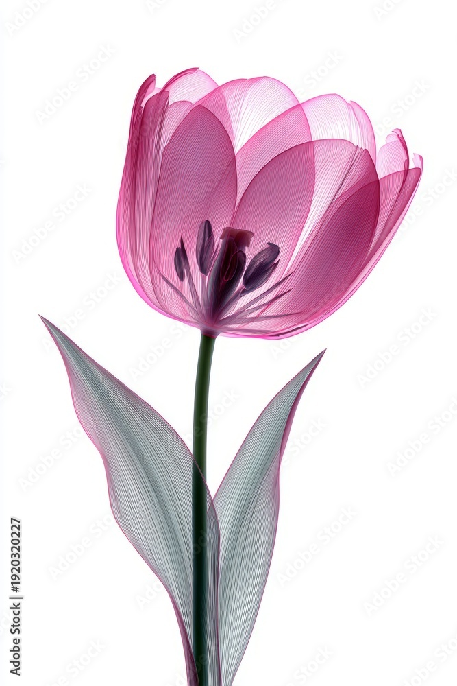 Obraz premium Close-up of a pink transparent tulip flower showing delicate petals and central stamens. Botanical illustration with a vibrant, ethereal glow.