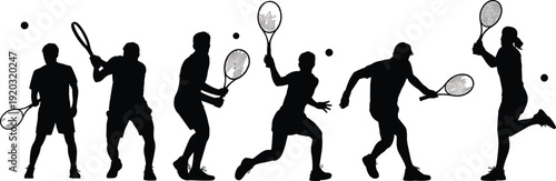 Black silhouettes of male and female tennis players performing powerful serves and backhand swings isolated on white background for competitive sports and fitness design