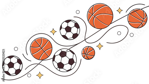 Vibrant sports balls in dynamic motion with swirling lines