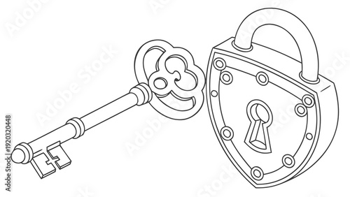 Vintage key unlocking padlock security symbol
