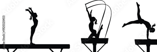 Black silhouettes of young female gymnasts performing artistic routines and balance beam exercises with ribbons isolated on white background for sports and fitness design