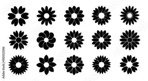 Collection of Diverse Black Flower Silhouettes Isolated on White.