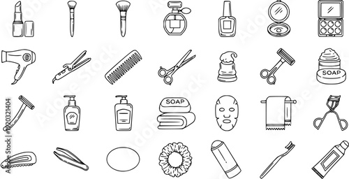 Hand-drawn Icons of Beauty and Personal Care Products: Makeup, Skincare, Haircare, and Toiletries