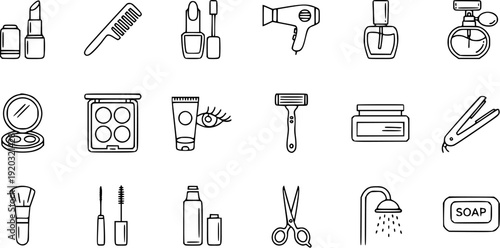 Collection of Beauty and Personal Care Icons: Makeup, Hair Tools, and Bathroom Essentials