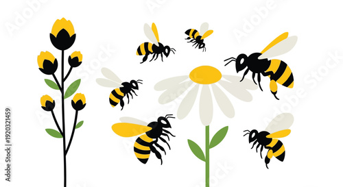 Collection of Flying Bees and Flowers Illustration.
