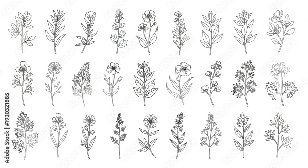 Obraz premium Collection of Hand-Drawn Botanical Illustrations of Various Wildflowers.