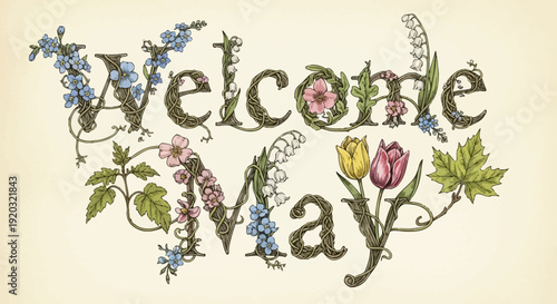 Welcome May Floral Embroidery Design Element.
