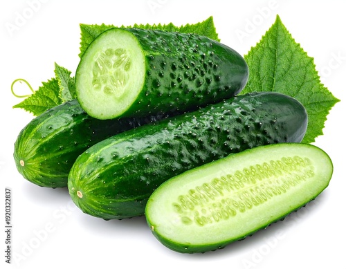 Fresh Whole and Sliced Cucumber Isolated on White