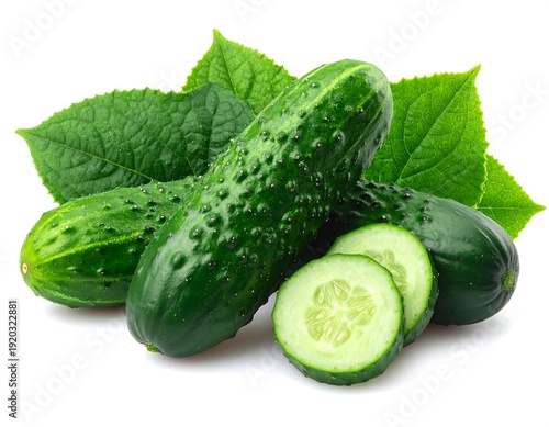 Fresh Whole and Sliced Cucumber Isolated on White