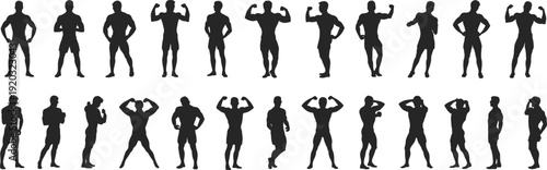 Large collection of black silhouettes featuring muscular male bodybuilders in competitive posing routines flexing muscles and standing isolated on white background for fitness and bodybuilding