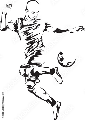 Dynamic silhouette of a soccer player mid-air, executing a powerful kick with artistic flair, capturing the essence of athletic motion and competitive spirit in a striking monochrome illustration