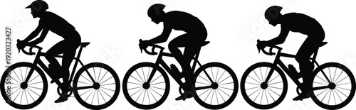 Black silhouettes of professional cyclists riding road bikes in aerodynamic racing positions isolated on white background for sports fitness and healthy lifestyle concepts