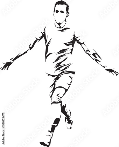 Illustration of a soccer player celebrating a goal on a white background with outstretched arms and bent legs, depicting athleticism and victory in a sports context