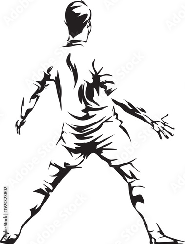 Dynamic black and white illustration of a male athlete in a triumphant pose, embodying the spirit of victory and athletic achievement in competitive sports