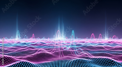 Data Digital Wave Landscape with Neon Particle Grid Showing Futuristic Technology Signal Flow and Abstract Network Visualization for Innovation Concept