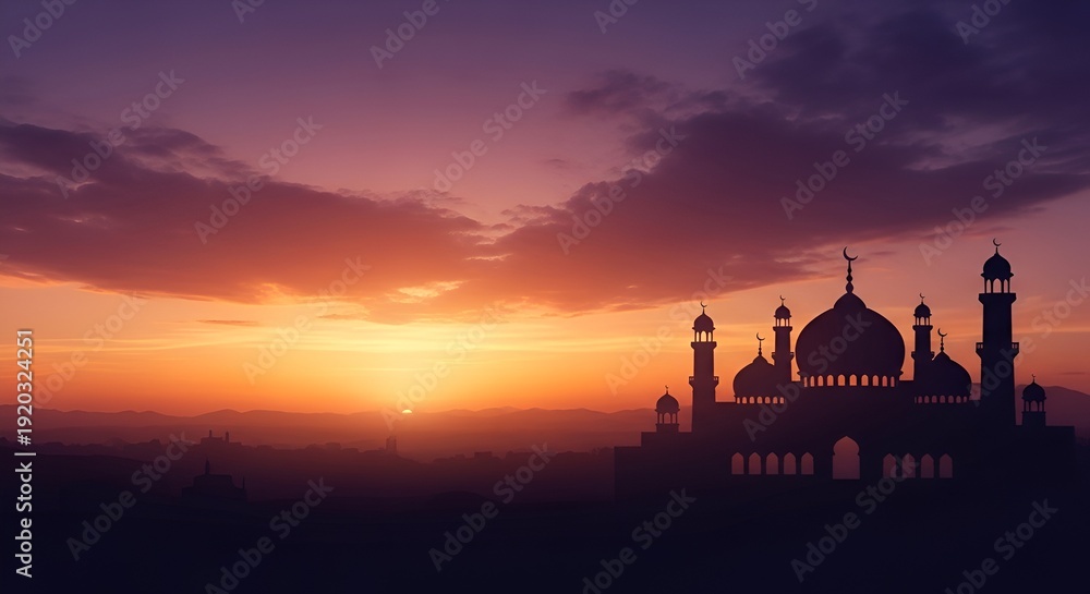 Obraz premium Majestic mosque silhouette at sunset with vibrant sky and dramatic clouds viewed from a distance