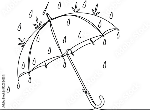 Minimalist continuous line drawing depicts a simple open umbrella providing protection while drops of rain fall gently onto its surface.