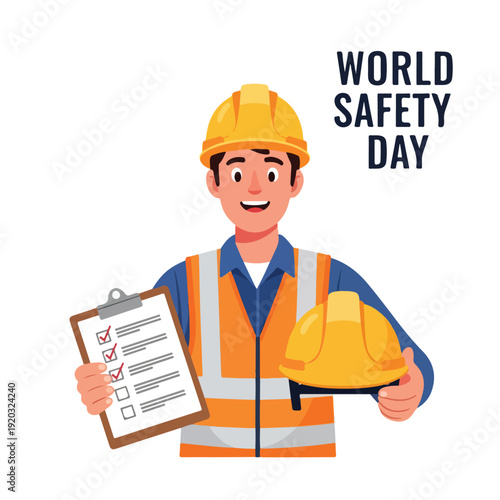 Cartoon construction worker in safety gear holding clipboard and hard hat on World Safety Day with a solid white background.