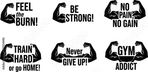 Motivational gym quotes with muscular arms silhouette fitness typography vector illustration set