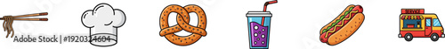 Street food and snack icons set featuring noodles with chopsticks, a white chef's hat, a large salted pretzel, a purple soda with a red straw, a loaded hot dog, and a colorful food truck