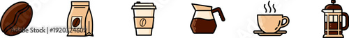 Coffee culture and brewing icons set featuring a single roasted coffee bean, a bag of coffee beans, a takeaway paper coffee cup, a glass carafe of coffee, a steaming porcelain coffee cup on a saucer, 
