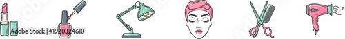 Beauty salon and personal care icon set featuring a pink lipstick tube, pink nail polish with an applicator brush, a mint green desk lamp, a woman's face with a pink headband and spa mask, professiona
