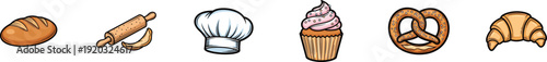 Bakery and pastry icons set featuring a loaf of bread, rolling pin with dough, chef's hat, frosted cupcake, pretzel, and a crescent croissant.