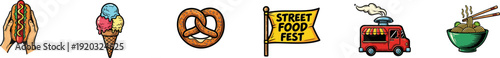 Street food festival icons set featuring a hot dog held in hands, a triple-scoop ice cream cone, a salted pretzel, a "Street Food Fest" yellow banner, a red food truck with steam, and a bowl of noodle