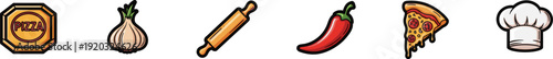 Italian pizzeria and cooking ingredients icon set featuring a pizza delivery box, a whole bulb of garlic, a wooden rolling pin, a red chili pepper, a slice of pepperoni pizza, and a white chef's hat w