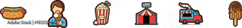 Street food and carnival snacks icon set featuring a loaded hot dog, a person eating an ice cream cone, a striped bucket of popcorn, a red and white circus tent, a red food truck with steam, and a cho