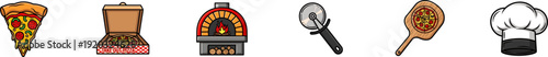 : Italian pizza making icons set including a slice of pizza, delivery box, brick oven, pizza cutter wheel, pizza peel, and a chef's hat.