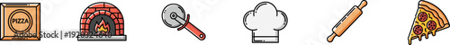 Italian pizza making and delivery icons set featuring a cardboard pizza box, a traditional brick pizza oven with a fire, a pizza cutter with a red handle, a white chef's hat, a rolling pin, and a slic