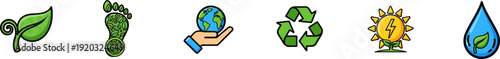 Ecology and environmental sustainability icons set featuring a green leaf with a swirl, a leafy green footprint, a hand holding the Earth, a green recycling symbol, a solar energy sun with a lightning