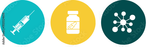 Vaccination and medicine icon set with syringe vial and virus symbol healthcare vector illustration