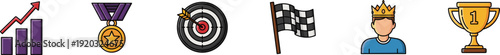 Success and competition icons set featuring a purple bar chart with an upward-pointing red arrow, a gold medal with a purple ribbon, a bullseye target with an arrow in the center, a checkered finish f