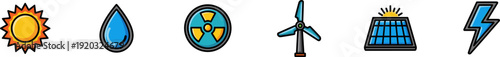 Energy and power icons set featuring a bright sun, a blue water drop, a circular radiation/nuclear symbol, a three-blade wind turbine, a solar panel under the sun, and a blue lightning bolt.