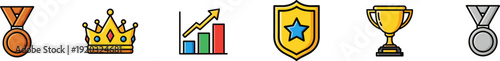 Success and award icons including medal crown chart shield and trophy