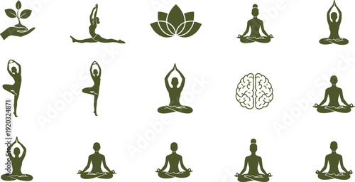 Yoga and meditation silhouette icon set with lotus poses mindfulness and wellness symbols vector