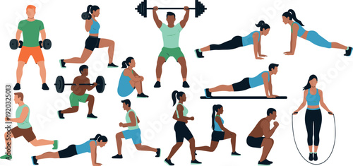 Men and women performing strength training exercises weightlifting cardio and bodyweight workout vector illustration set