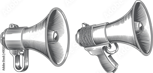 Vintage megaphone and bullhorn sketch set, hand drawn loudspeaker illustration for communication and public announcement concept