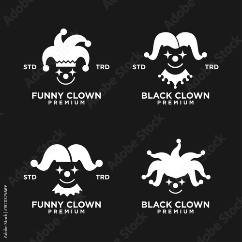 Minimalist White Clown and Jester Hat Logo Design Collection on Black Background