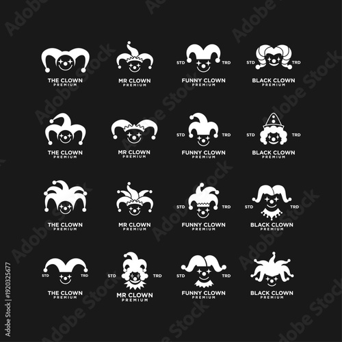 Vector set of diverse white clown face logos with jester hats and wigs, featuring funny, classic, and premium design variations on a dark background, suitable for entertainment and branding.