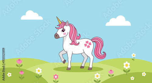 Adorable cartoon white unicorn with bright pink mane and tail stands in a lush green field under a pale blue sky.