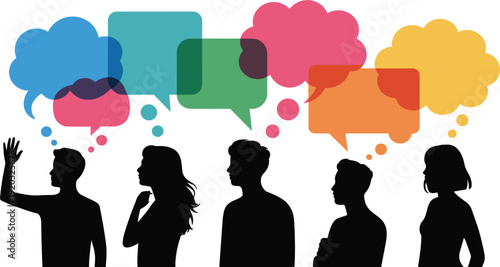 People silhouettes with colorful speech bubbles set, diverse group communication and social media networking dialogue concept