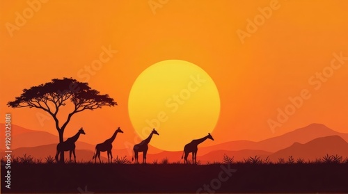 Silhouetted Giraffes and Tree Against Bright Sunset with Orange Sky and Mountain Range